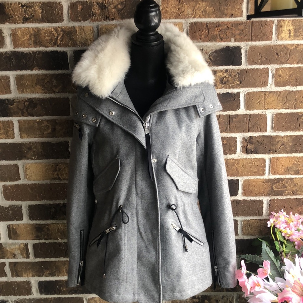 SAM Devon Shearling Lamb Collar Hooded Wool Coat Jacket Women’s Sz M